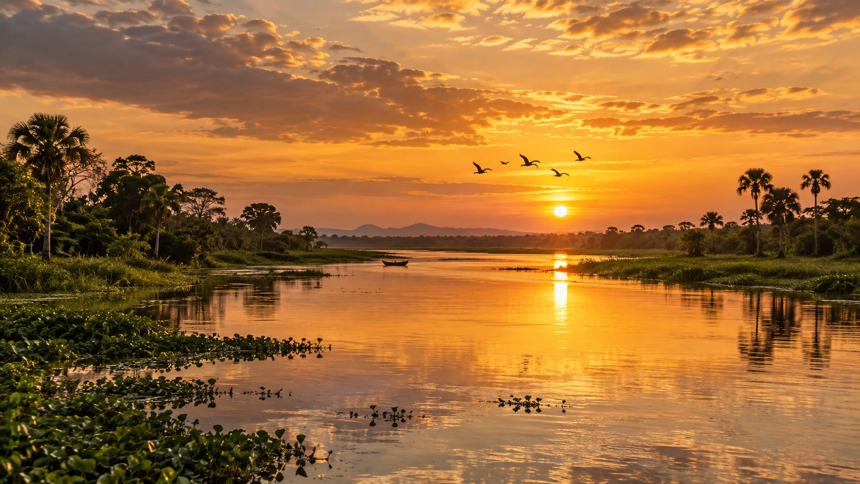 Ilustração de um rio pantaneiro ao pôr do sol